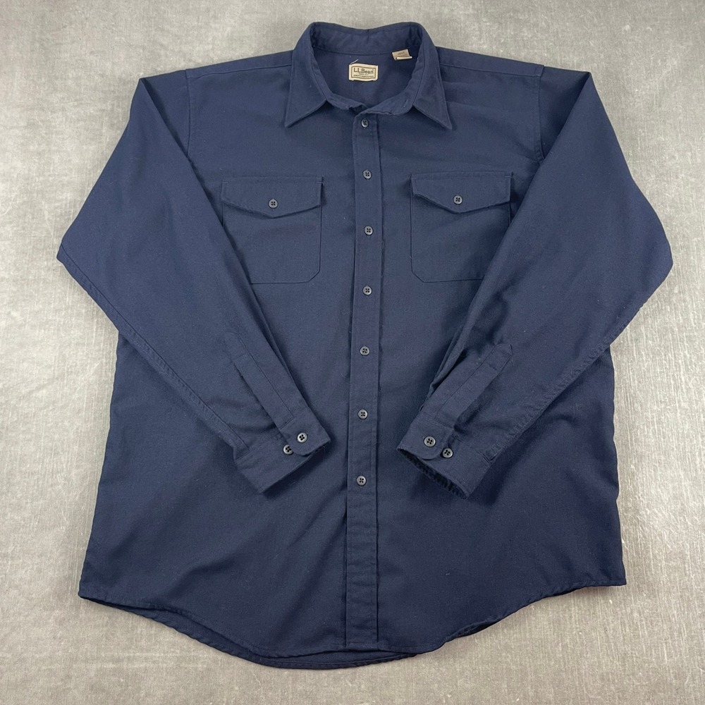 L.L. Bean Mens XL Tall Navy Blue Button Up Shirt Wool Blend Flannel Pocket